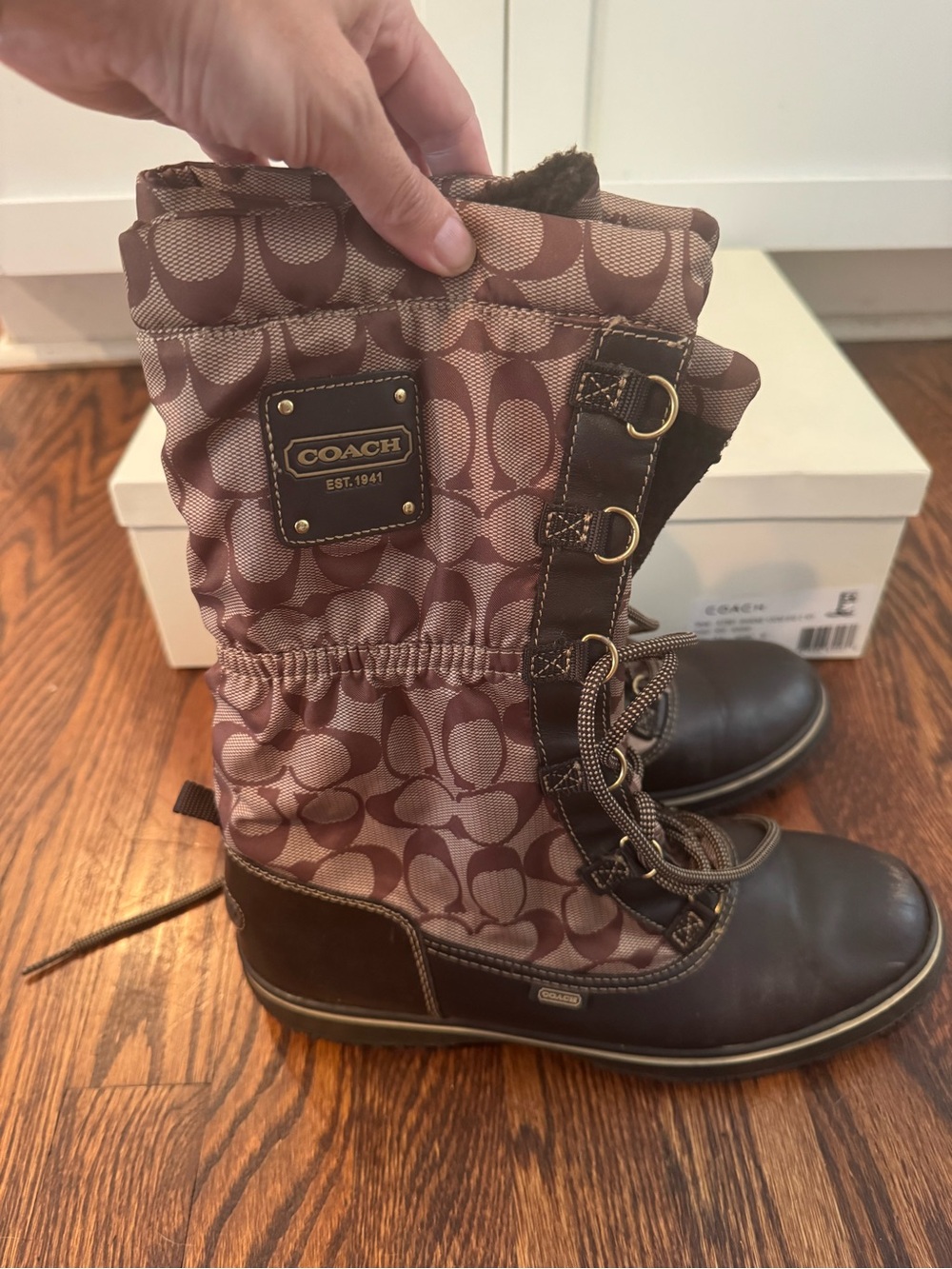 COACH Women's Brown Signature Logo Lace-Up Winter Boot 9.5